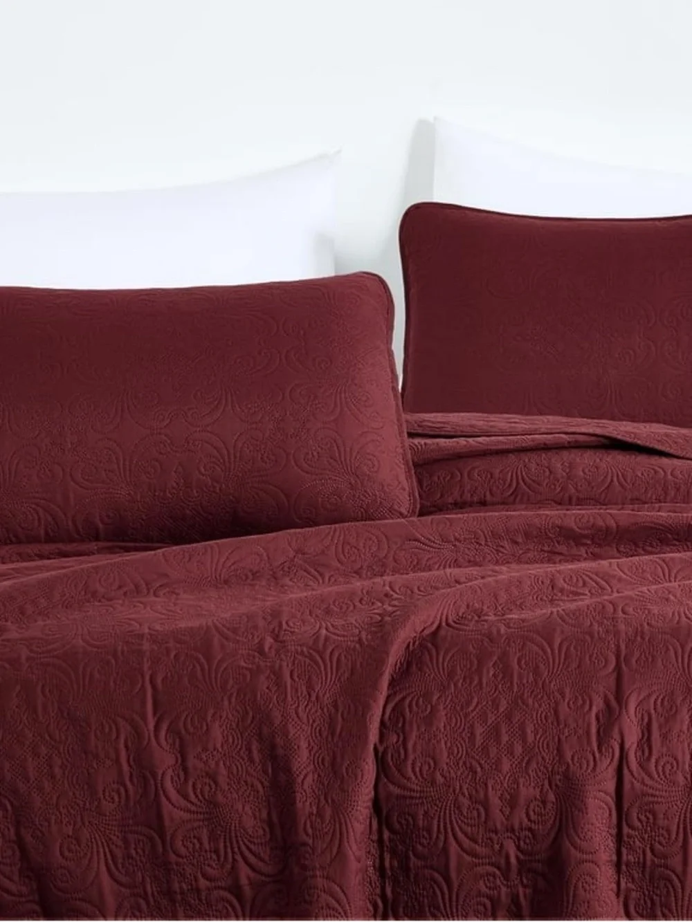 Queen 3 piece Quilted Bedspread Set in Deep Burgundy